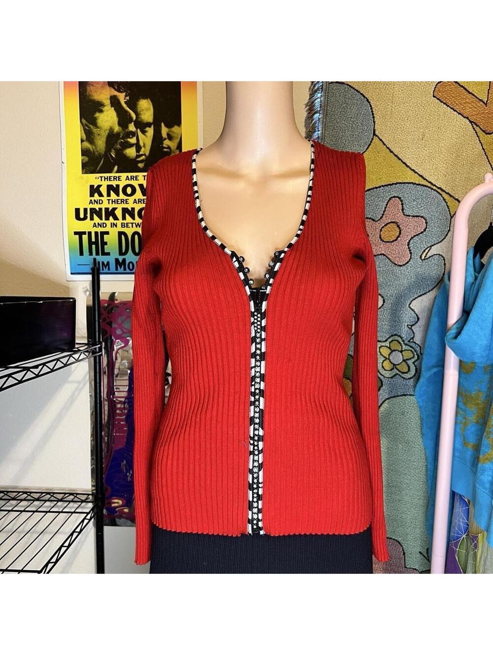 Y2K Red Ribbed Bedazzled Zip-Up Cardigan with Striped Trim